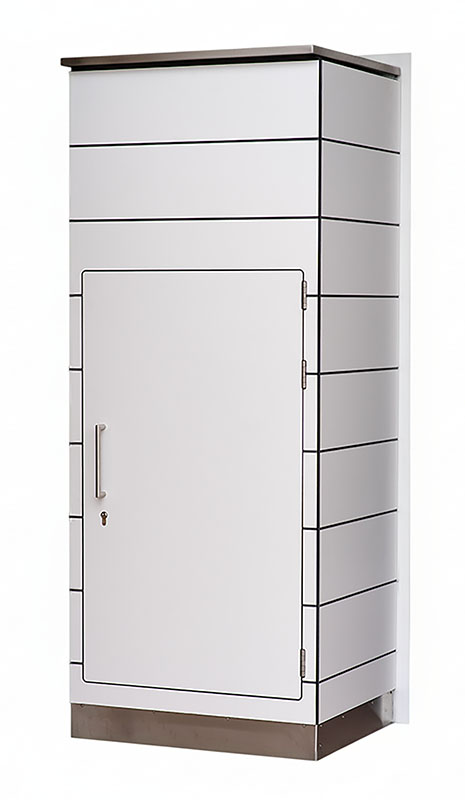 Wetterfester Paketkasten zum Einbau mit großer Hintertür Mauerdurchwurf Paketbox mit einer großen Hintertür für sehr große Pakete. Mehrfachzustellung, Wetterfest, Außeneinsatz in Gartenmauer.