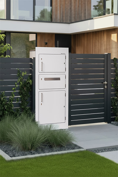 Paketbox in Gartenmauer eingebaut. Paketbox in Gartenzaun neben Gartentor integriert vor modernem Einfamilienhaus.