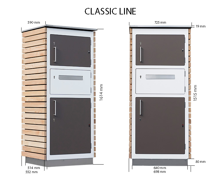 Paketkasten Abmessungen Abmessungen Paketkasten. Paketkasten der Classic Line Plus. Paketkasten schräg. Paketkasten von vorne. Paketkasten mit Briefkasten.
