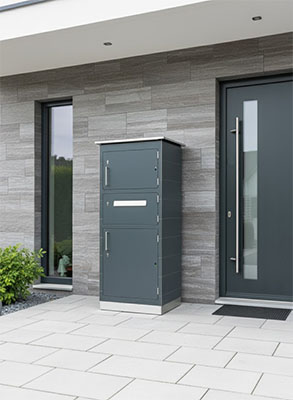 Paketkasten in RAL 7016 Paketkasten in Ral 7016 - Anthracite Grey vor einem Einfamilienhaus neben Haustür
