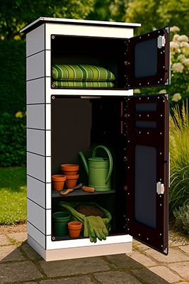 Gießkanne und Gartenhandschuhe in HPL Gartenschrank