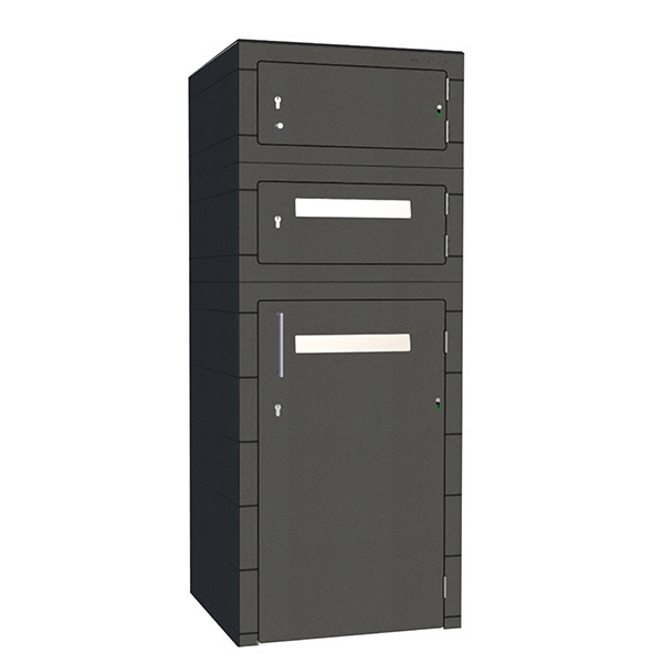 Zwei Brieffächer für zwei Parteien mit Paketbox in Graphite Grey. Paketbox One mit Aufsatzboxen um mehr Briefkästen zu integrieren. Farbe DB703 Eisenglimmer.