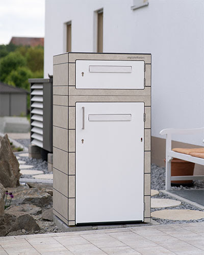 Paketbox One mit zwei Briefkästen Paketkasten in Steinoptik mit zwei Briefkästen für zwei Familien