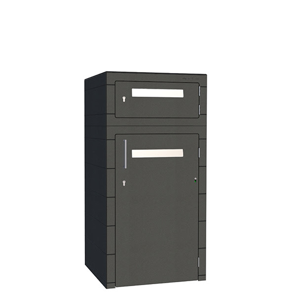 Paketbox mit zwei Briefkästen und einem Paketfach in Graphite Grey = DB703 Eisenglimmer. Paketkasten mit einer Tiefe von max. 1,5 Metern und zwei Briefkästen für richtig große Pakete. Farbe Graphite Grey wie DB 703 Eisenglimmer.