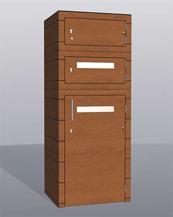 Große Paketbox in rostbraun mit zwei Briefkästen. Rostbrauner Paketkasten mit zwei Briefkästen mit großen Paketfach.